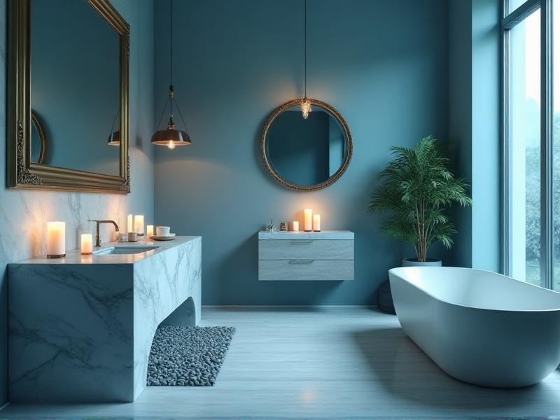 A serene bathroom with a blue color scheme, a small indoor fountain, and a mirror reflecting soft candlelight. The gentle sound of flowing water creates a calming and meditative atmosphere.