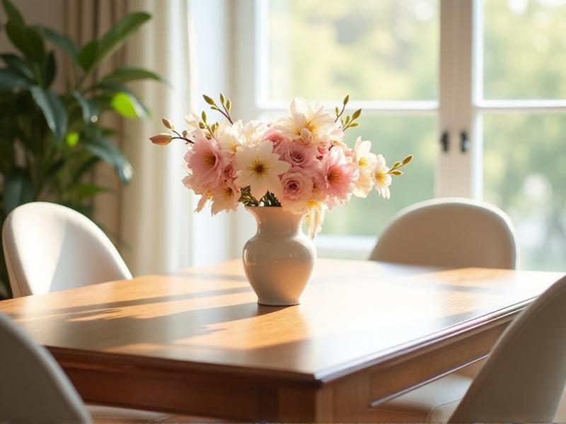 A clean and well-maintained dining room with a polished wooden table and fresh flowers in a vase. The room is bright and airy, with natural light streaming through the windows. The overall atmosphere is calm and rejuvenated, reflecting the care and attention given to maintaining the space's positive energy.