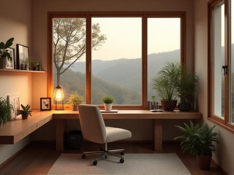 A home office with large windows allowing ample natural light, complemented by a stylish desk lamp with a warm, soft glow, creating a bright and inviting workspace.