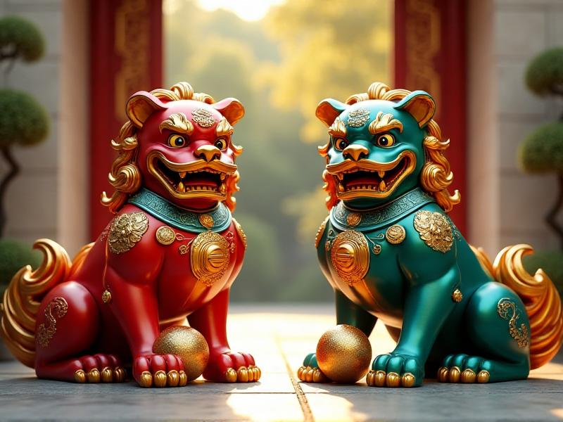 A pair of majestic Fu Dog statues standing guard at the entrance of a traditional Chinese home. The male Fu Dog on the right holds a ball under its paw, symbolizing power, while the female on the left holds a cub, symbolizing protection. The statues are intricately carved and painted in vibrant colors, exuding a sense of strength and prosperity.