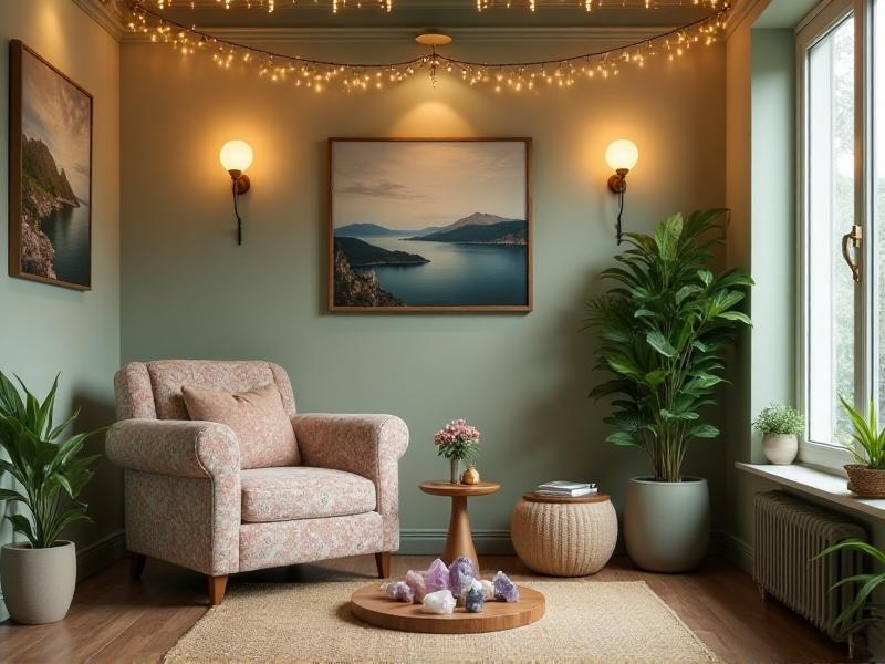 A healing space designed with Feng Shui principles, featuring a comfortable chair, meaningful artwork, and healing crystals arranged on a small table. The room is decorated with soft lighting and natural materials, creating a nurturing environment for emotional healing and growth.