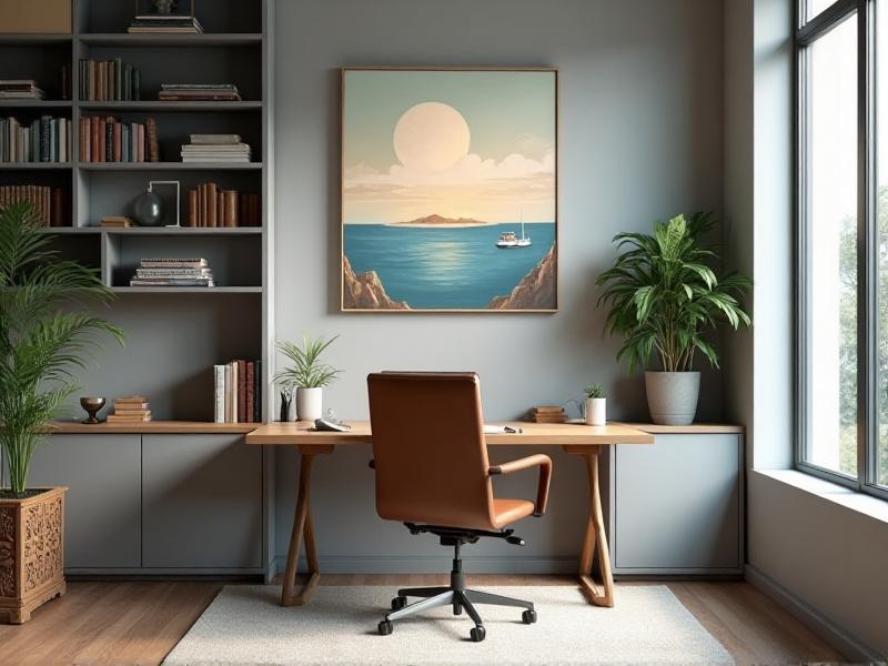 A well-organized home office with a desk positioned in the command position, a vision board, and a small potted plant. The room is filled with natural light and features inspiring artwork, creating a productive and balanced workspace.