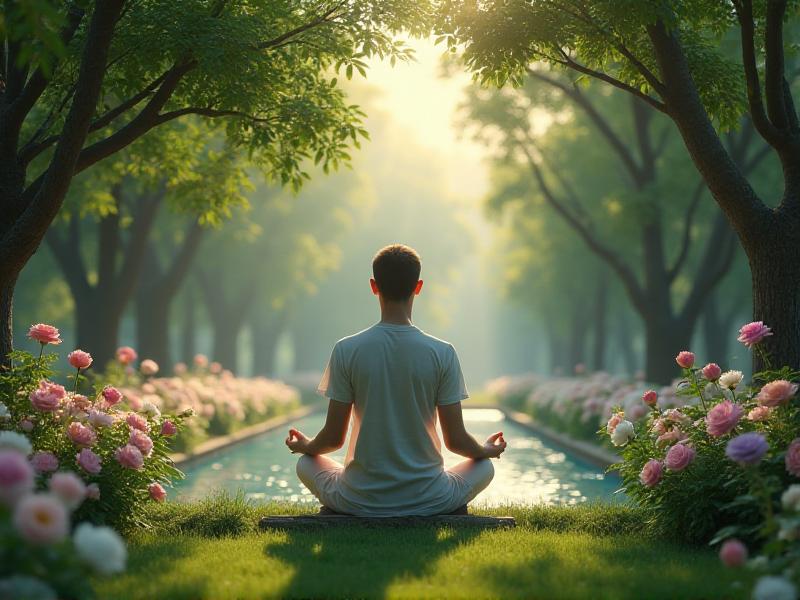 A person meditating in a serene garden with a small water feature, surrounded by lush greenery and blooming flowers. The scene represents the ongoing process of creating and maintaining a harmonious environment through mindfulness and gradual adjustments.