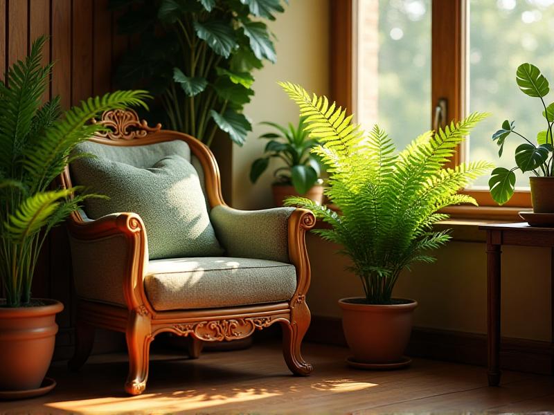 A cozy reading nook with a wooden armchair, a potted fern, and a green throw pillow. Sunlight streams through a nearby window, highlighting the natural textures and creating a warm, inviting space.