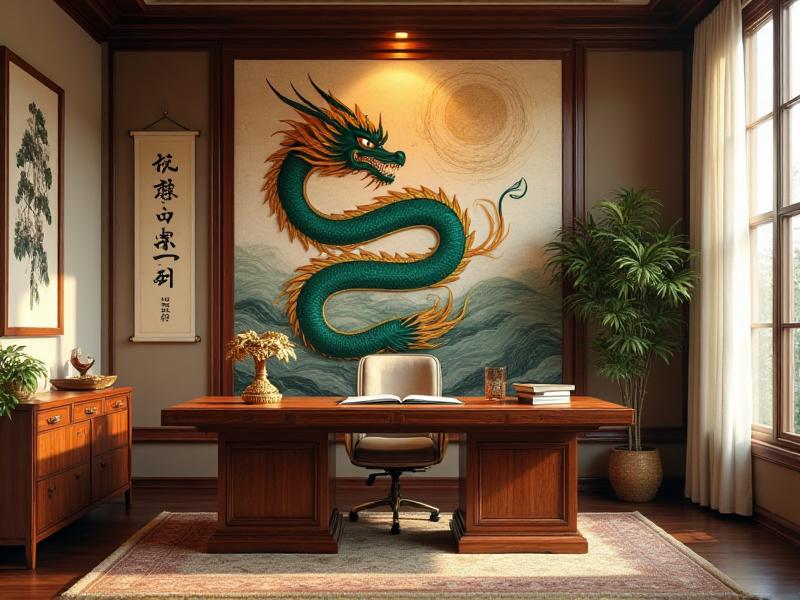 A study room adorned with Feng Shui symbols and inspirational artwork. A painting of a dragon hangs on the wall, symbolizing strength and success. The desk is decorated with a small phoenix figurine, representing renewal and transformation. The room feels vibrant and full of positive energy.