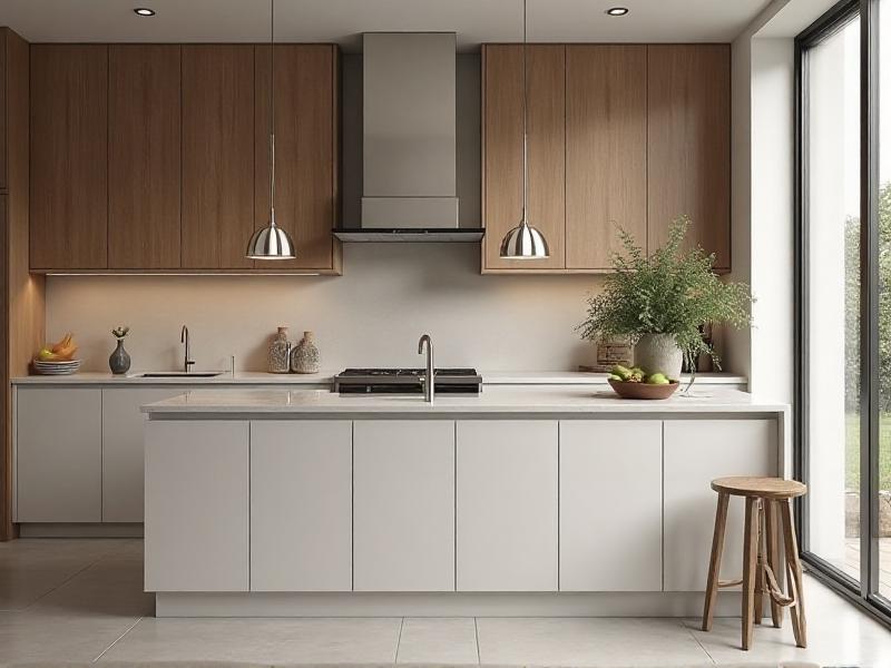 A modern kitchen with a harmonious layout, featuring wooden cabinets, a marble countertop, and a large window allowing natural light to flood the space. The room is decorated with green plants and a bowl of fresh fruit, symbolizing abundance and vitality.