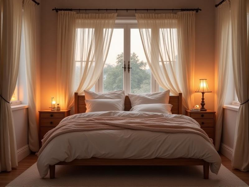 A bedroom with a mix of soft, flowing curtains and a sturdy wooden bed frame, creating a balance of yin and yang energies. The room is illuminated by a combination of soft, ambient lighting and a brighter bedside lamp. The overall atmosphere is harmonious and inviting, perfect for relaxation and romance.