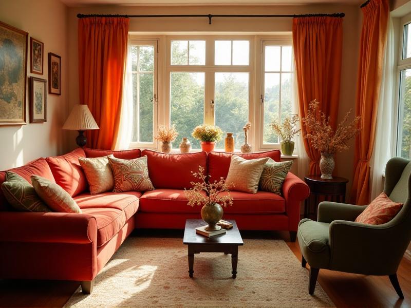 A cozy living room with warm orange and red accents, featuring a plush sofa, vibrant throw pillows, and a patterned rug. The space radiates energy and warmth, perfect for social gatherings and lively conversations.