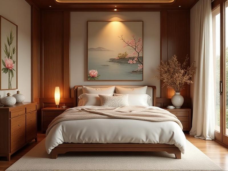 A serene bedroom designed with Feng Shui principles, featuring a neatly made bed with soft pastel-colored bedding, positioned in the commanding position. The room is adorned with natural wood furniture, soft lighting, and pairs of decorative items, creating a warm and inviting atmosphere.