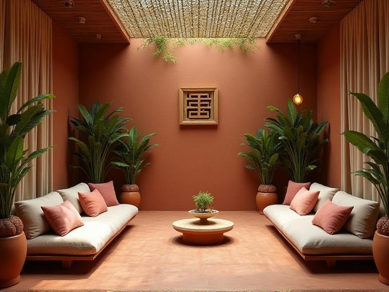 A welcoming social area designed with Feng Shui principles, featuring earthy colors, natural materials, and pairs of decorative items. The space is illuminated with soft, warm lighting, creating a cozy and inviting atmosphere that encourages meaningful social interactions.