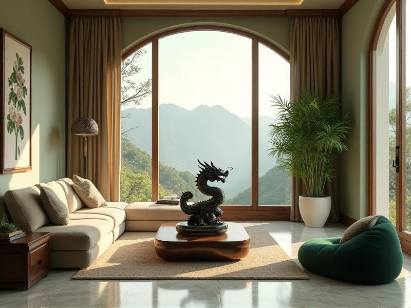 A beautifully arranged living room with various Feng Shui symbols, including a dragon statue, a bamboo plant, and a Chinese knot. The room is filled with natural light, creating a warm and inviting atmosphere. The symbols are thoughtfully placed, enhancing the flow of positive energy and bringing a sense of harmony and balance to the space.