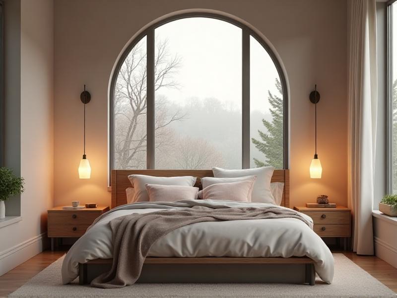 A beautifully designed bedroom that serves as a sleep sanctuary, featuring a comfortable bed with soft, neutral-colored bedding, a pair of matching nightstands with warm-toned lamps, and a large window allowing natural light to flood the room. The walls are painted in calming pastel shades, and a small indoor plant sits on a corner shelf, adding a touch of nature to the space. The overall mood is peaceful and inviting, perfect for restful sleep.