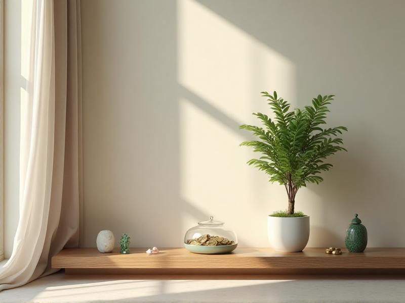 A minimalist and organized Wealth Corner featuring a small wooden shelf with a jade plant, a bowl of water with coins, and a few carefully selected decorative items. The space is clean and uncluttered, with soft natural light streaming in through a nearby window, creating a sense of calm and order.