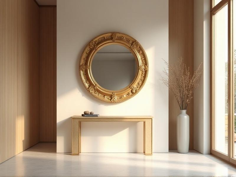 A large round mirror placed above a console table in a hallway, reflecting natural light and creating a sense of spaciousness. The mirror is framed in a simple wooden frame, complementing the neutral tones of the hallway. The reflection enhances the energy flow, making the space feel brighter and more open.