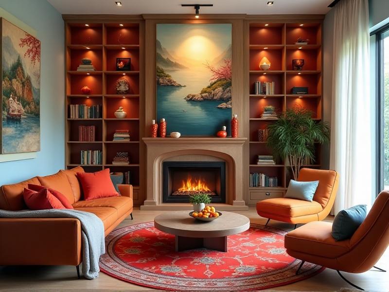 A vibrant living room designed with Feng Shui principles, featuring a harmonious blend of warm and cool colors. The walls are painted in soft blue, complemented by red and orange accents in the furniture and decor, creating a balanced and energizing atmosphere.