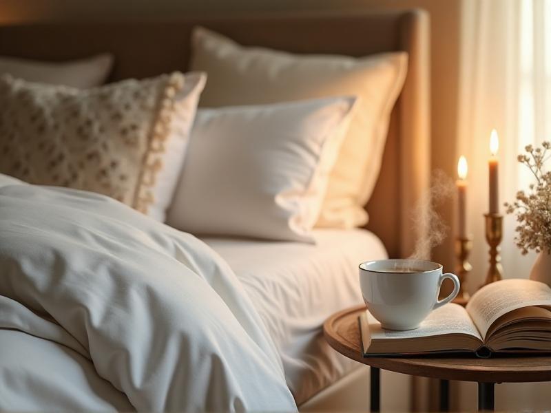 A cozy bedroom with a neatly made bed, soft white linens, and a few decorative pillows. A small tray on the bedside table holds a cup of tea, a book, and a scented candle, creating a calming and inviting atmosphere. The room is bathed in warm, golden light, evoking a sense of comfort and relaxation. The overall mood is one of tranquility and self-care, emphasizing the importance of creating a nurturing environment.