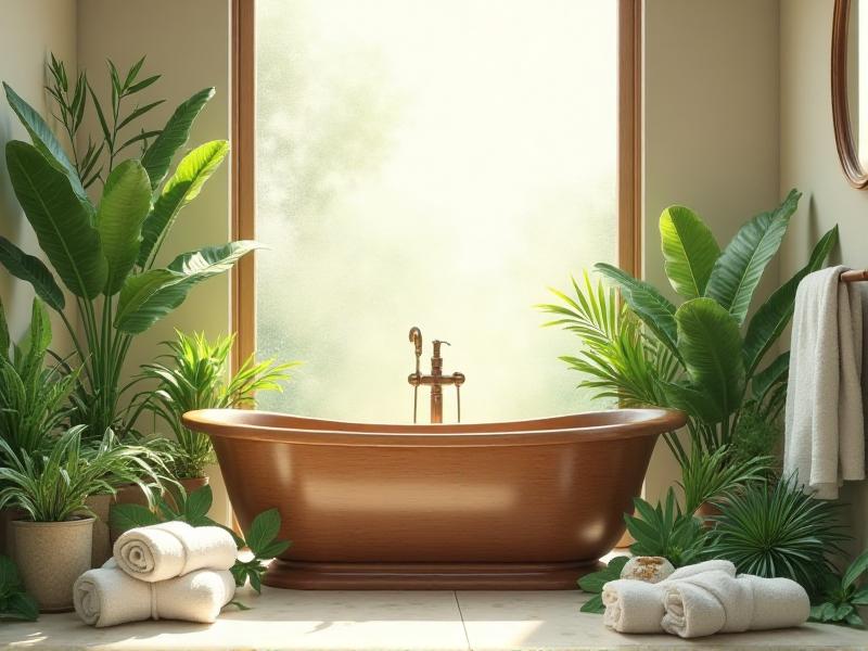 A serene bathroom with natural light streaming through a frosted window, featuring a wooden bathtub, green plants, and soft white towels. The room exudes calmness and balance, embodying the principles of Feng Shui.