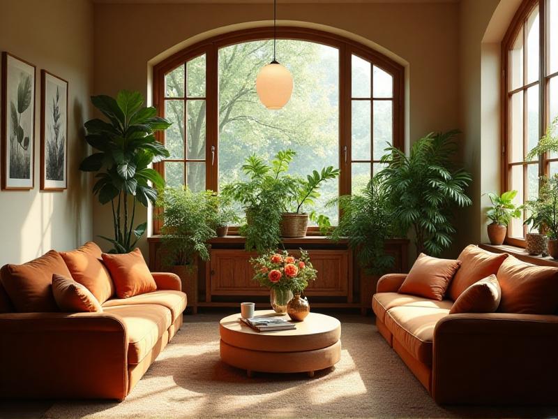 A cozy living room with comfortable seating arranged in a circular formation, soft lighting, and a variety of plants. The room features warm, earthy tones and natural textures, creating a balanced and inviting atmosphere.