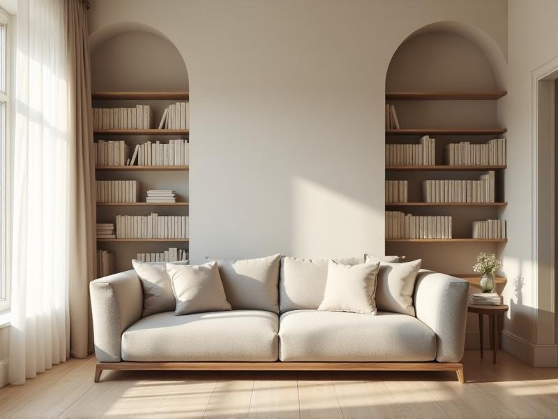 A serene, minimalist living room with neutral tones, a cozy sofa, and a neatly organized bookshelf. Soft sunlight streams through large windows, highlighting the clean, clutter-free space and creating a peaceful ambiance.