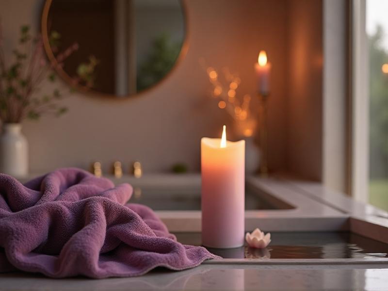 A luxurious bathroom with a soft blanket, a scented candle, and a small water feature. The space is clean and clutter-free, with soft lighting and calming colors. The overall atmosphere is serene and rejuvenating, with a focus on self-care and nurturing the mind, body, and spirit.