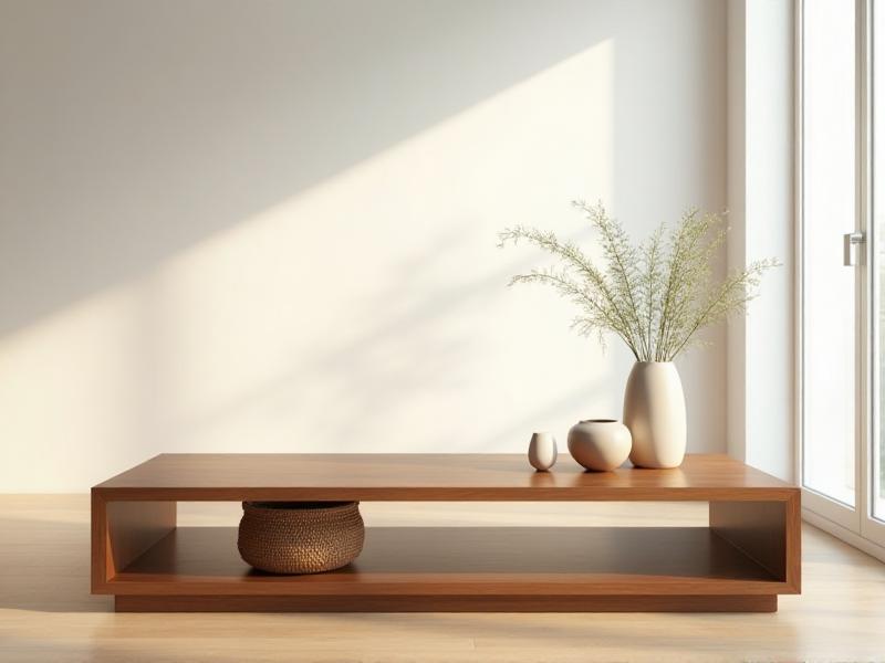 A minimalist living room with a clean, organized layout, featuring a wooden coffee table, a few decorative items, and a woven storage basket. The room is bright and airy, with a sense of calm and order.