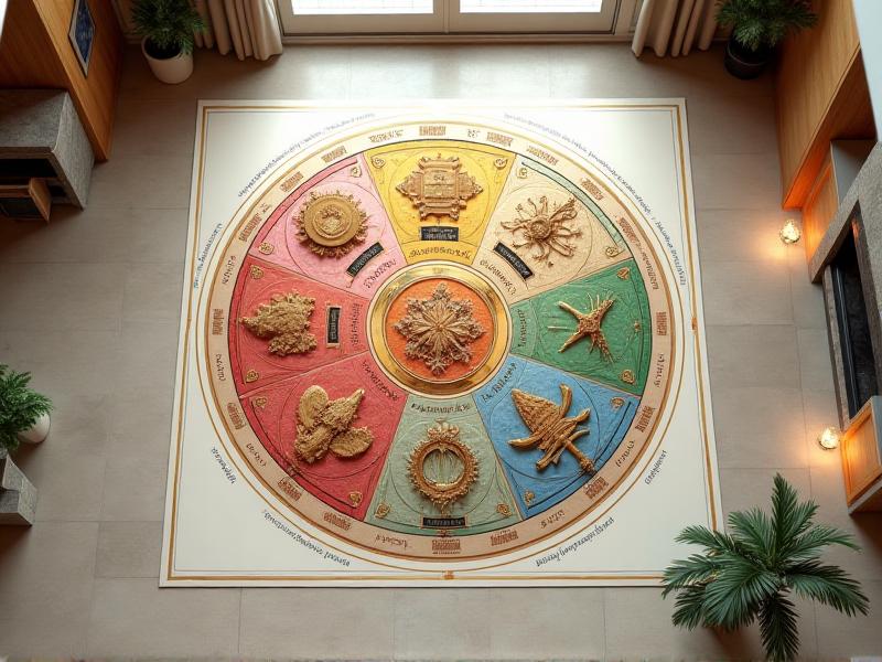 A detailed, colorful Bagua map overlaid on a modern home floor plan, showing nine distinct areas labeled with Feng Shui life aspects such as wealth, health, and relationships. The map is surrounded by soft, natural lighting, creating a serene and balanced atmosphere.