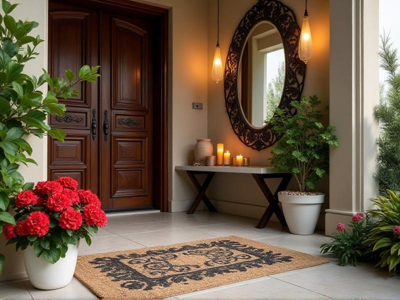 A clean and well-lit entryway featuring a welcoming doormat, potted plants, and a small table with a decorative bowl. A mirror reflects light, creating a sense of spaciousness and warmth in the space.