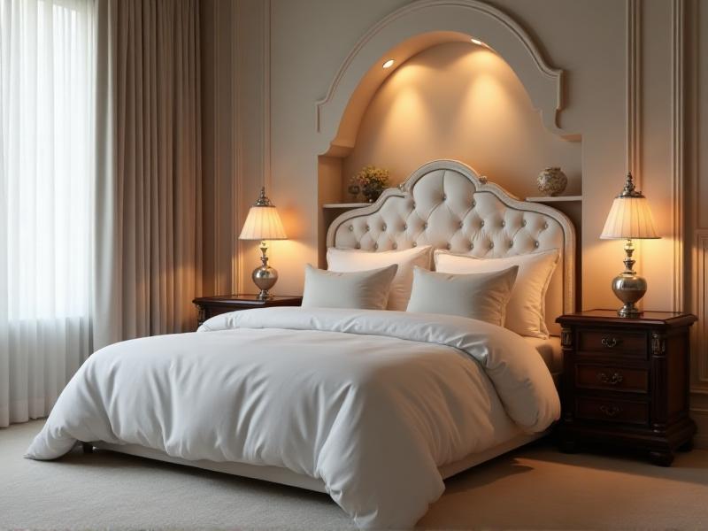 A cozy bedroom with a queen-sized bed placed against a solid wall, with a nightstand on either side. The bed is adorned with soft, white linens and a few decorative pillows. The room is softly lit by a bedside lamp, creating a tranquil and romantic ambiance.