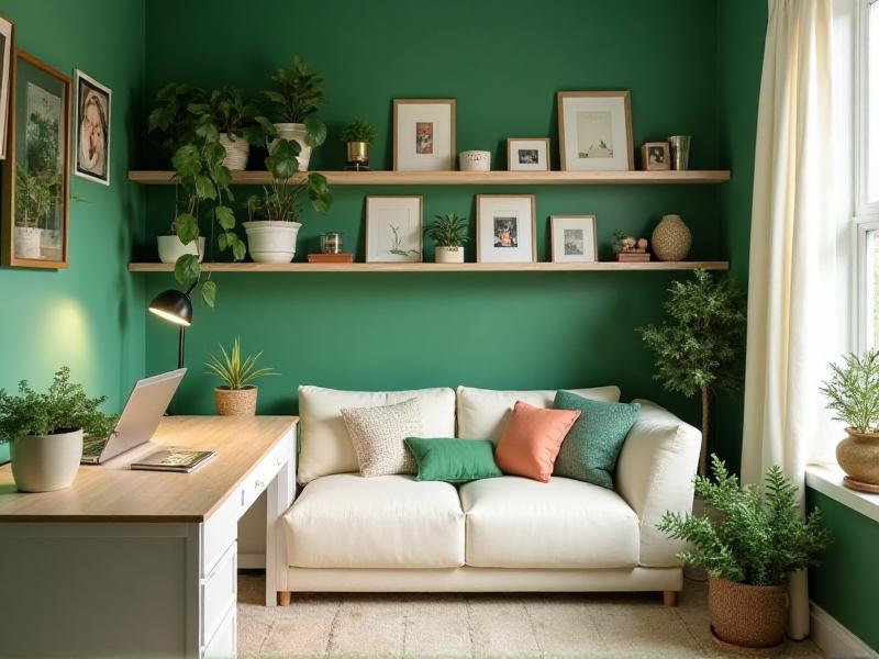 A home office with a personalized touch: green walls, white furniture, and a mix of personal items like photos, plants, and artwork. The space feels both functional and inspiring, reflecting the owner's unique energy and style.