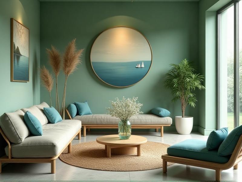 A beautifully designed room showcasing a harmonious Feng Shui color palette, with soft green walls, blue accents, and neutral furniture. The space feels balanced and inviting, with each color contributing to the overall sense of harmony and well-being.