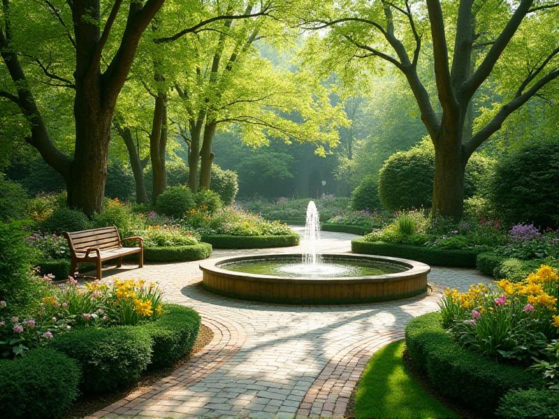 A lush garden with curved pathways lined with a variety of plants, including tall trees, flowering shrubs, and ground cover. A small fountain in the center of the garden creates a soothing sound, while a wooden bench offers a place to sit and relax. The garden is well-maintained and filled with natural light, creating a peaceful and harmonious outdoor retreat.