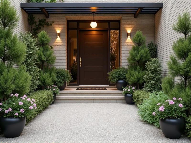 A clean and organized front entrance with a clear pathway, potted plants, and a minimalist decor, showcasing an unobstructed flow of positive energy.