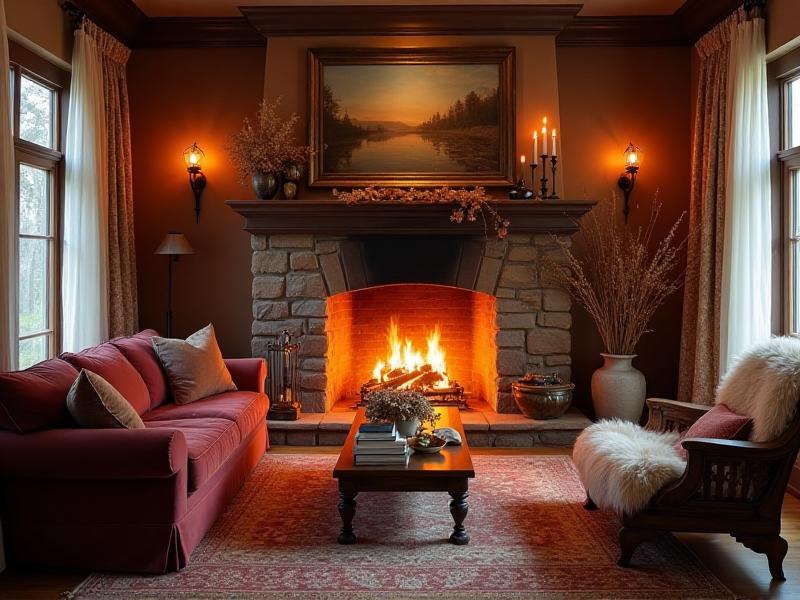 A cozy living room in a cold climate, featuring a roaring fireplace, warm, earthy tones, and heavy textiles like wool rugs and thick curtains. The room feels warm and inviting, perfectly embodying the principles of Feng Shui for creating a sense of coziness and stability in a cold environment.