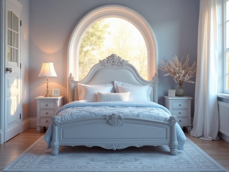 A serene child's bedroom with a wooden bed placed in the command position, facing the door. The room features soft pastel colors, natural light streaming through a window, and a cozy rug on the floor. The bed is adorned with plush pillows and a light blue comforter, creating a calming atmosphere.