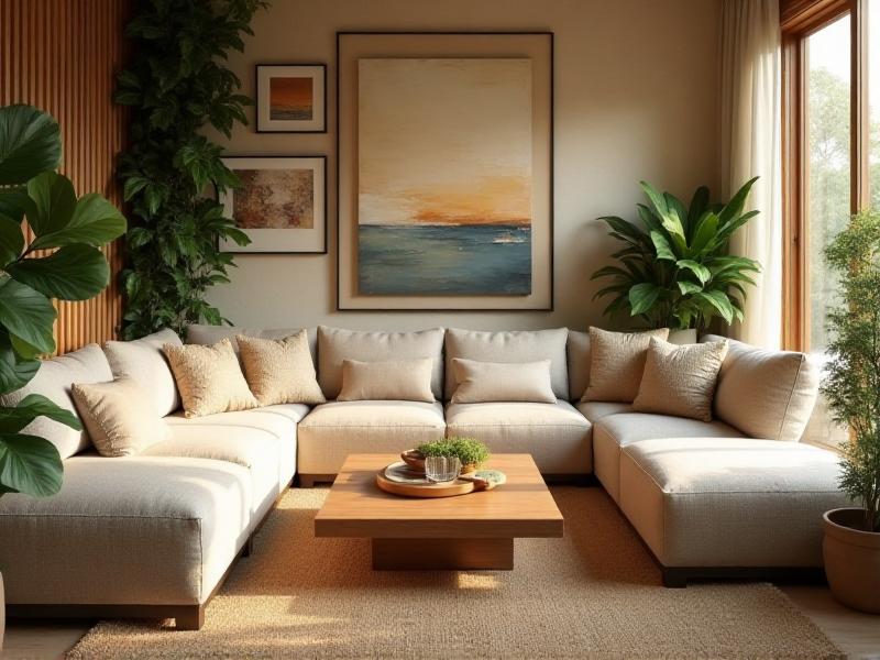 A spacious living room with a U-shaped furniture arrangement, featuring a beige sofa, wooden coffee table, and green plants. The room is well-lit with natural light, creating a welcoming and harmonious environment.