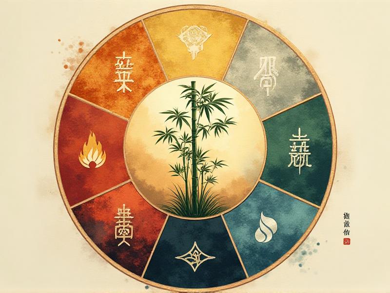 A diagram illustrating the five Feng Shui elements: Wood, Fire, Earth, Metal, and Water. Each element is represented by its corresponding colors and symbols, arranged in a circular harmony to depict balance and interconnectedness.