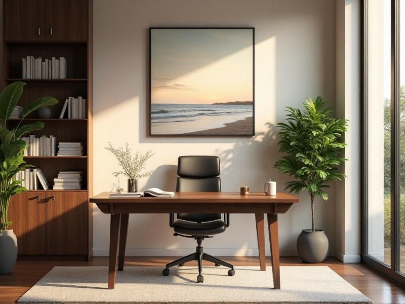 A well-organized home office designed with Feng Shui principles, featuring a desk placed in a commanding position with a clear view of the door, a comfortable chair, and a few carefully chosen decorative items like a small plant and a piece of inspiring artwork. The room is well-lit with natural light, creating a focused and energizing atmosphere.