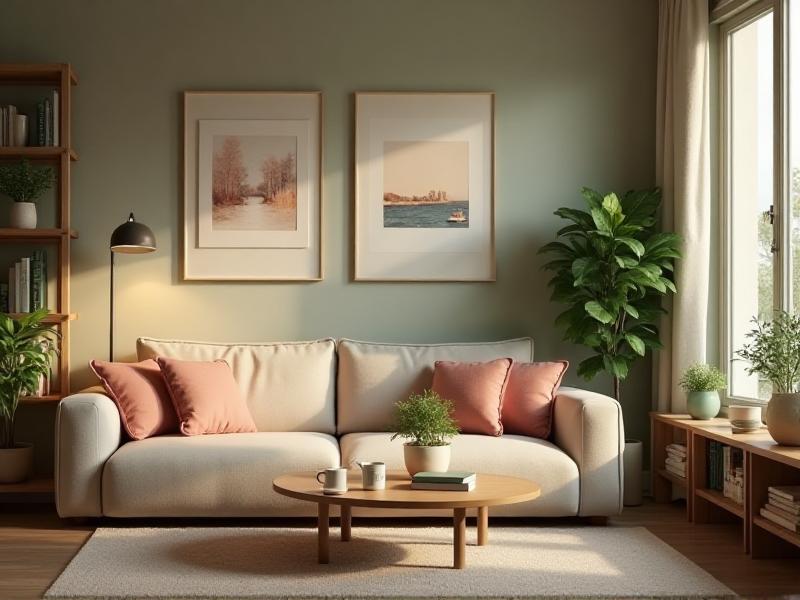 A cozy living room with a small sofa facing the entrance, a coffee table in the center, and a few strategically placed plants, creating a balanced and inviting space.