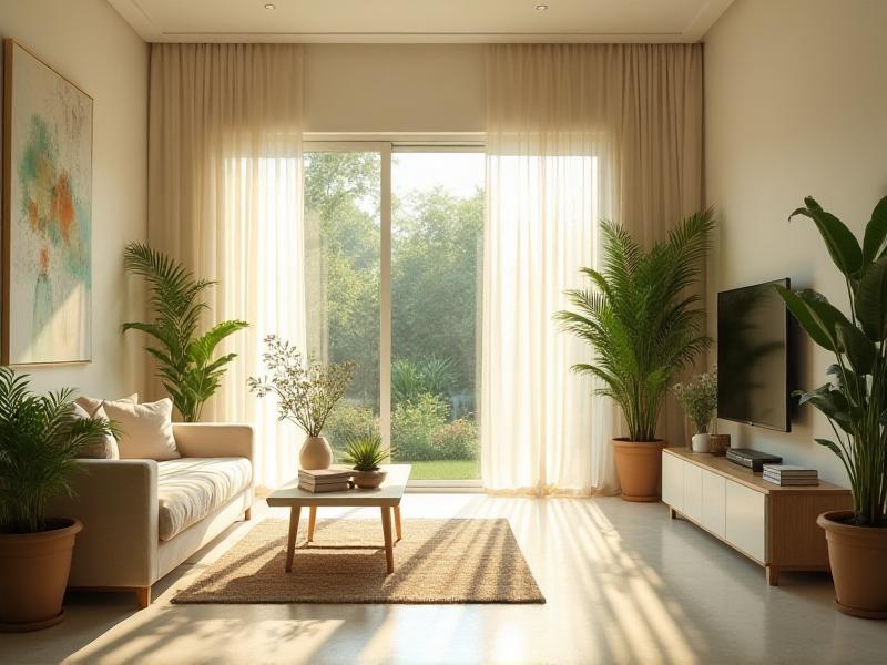 A bright and airy living room with large windows allowing natural light to flood the space. Light-colored walls and sheer curtains enhance the brightness, while a few potted plants add a touch of greenery. The room feels open and inviting, with a sense of freshness and vitality.