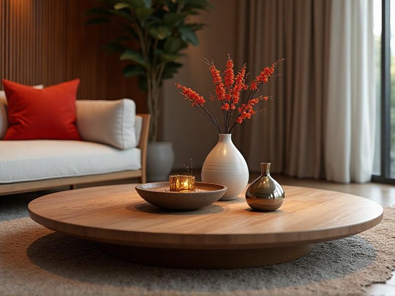 A harmonious living room featuring a mix of Feng Shui elements: a wooden coffee table, a red throw pillow symbolizing Fire, a ceramic vase for Earth, a metallic sculpture, and a small water fountain. The room feels balanced, inviting, and full of positive energy.