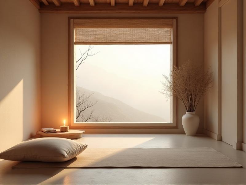 A serene meditation room with a minimalist design, featuring a comfortable cushion, a small table with a candle, and a few carefully chosen items. The room has a peaceful atmosphere with soft lighting and a sense of openness, illustrating the connection between physical and mental space.