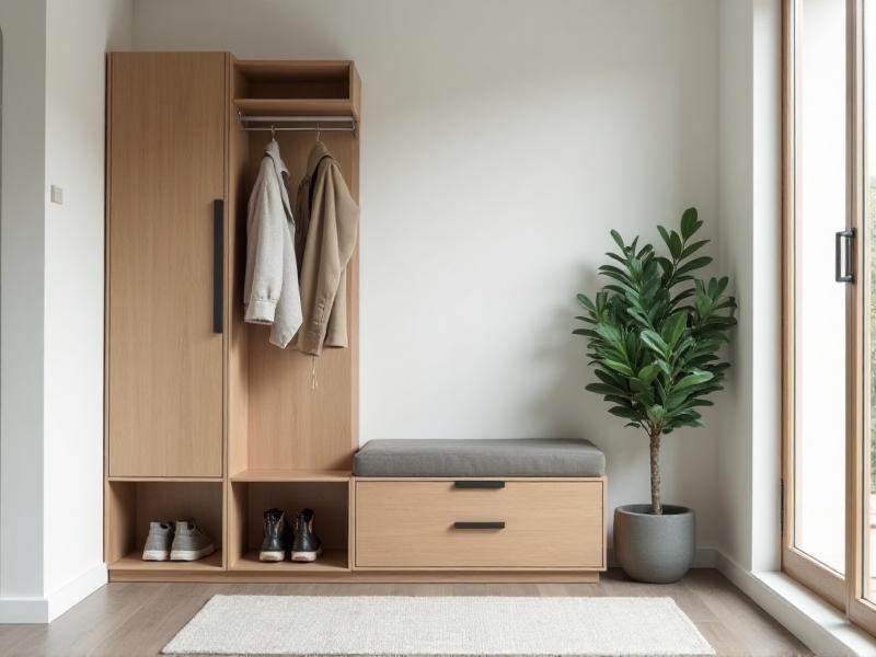 A clean and organized entryway with a wooden shoe rack, a coat closet, and a storage bench. The walls are painted in a soft white, and the floor is covered with a light gray rug. A small potted plant sits on the bench, adding a touch of greenery. The overall mood is calm and orderly, with a focus on simplicity and functionality.