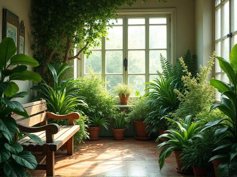 A lush indoor garden with a variety of plants arranged in different sizes and shapes. The plants are placed near a large window, allowing natural light to highlight their vibrant green leaves. A small wooden bench sits in the corner, inviting you to sit and enjoy the calming atmosphere. The space feels alive and rejuvenating, perfect for mental refreshment.