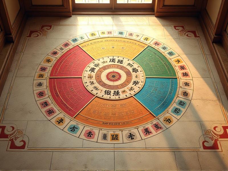 A detailed illustration of the Bagua map, showing the nine life areas such as wealth, health, and relationships, overlaid on a floor plan. The map is color-coded and labeled with Chinese characters, providing a clear guide for applying Feng Shui principles.