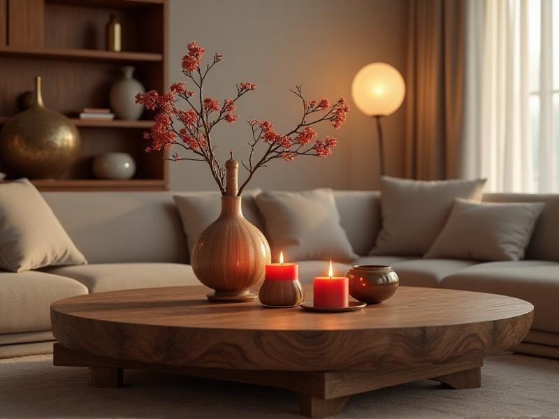 A serene living room with Feng Shui elements: a wooden coffee table, a red candle symbolizing Fire, a ceramic vase representing Earth, a metal sculpture, and a small water fountain. The room is bathed in soft natural light, creating a peaceful and harmonious atmosphere.