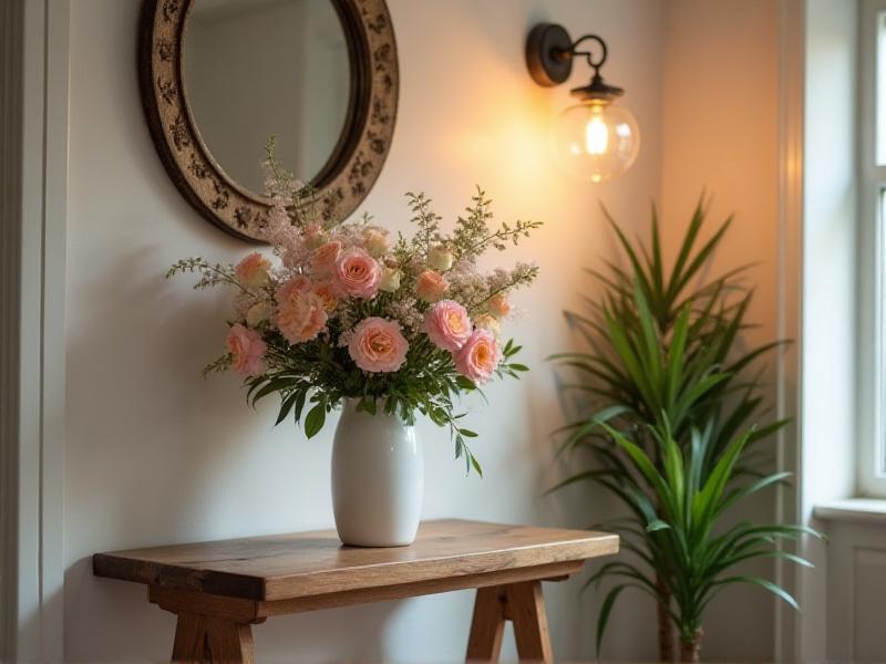 A bright and inviting entryway with a wooden console table, a vase of fresh flowers, and a round mirror hanging above. The space is illuminated by a stylish pendant light, creating a warm and welcoming atmosphere.