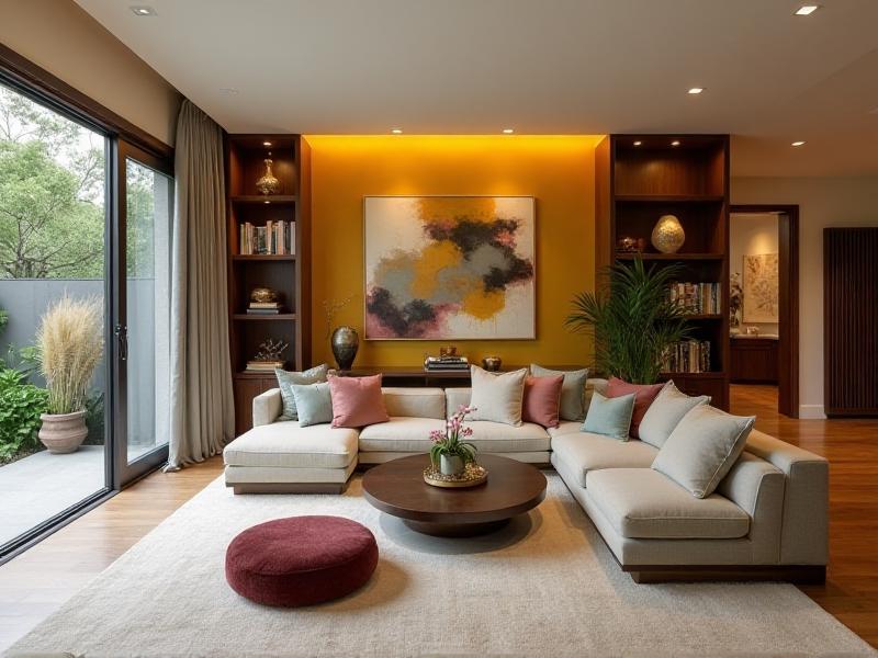 A cozy and personalized living room that combines Feng Shui principles with the homeowner's unique style. The room features a mix of modern and vintage decor, with a bold accent wall, a collection of meaningful art pieces, and carefully chosen furniture that enhances the flow of Qi. The space feels both energetically balanced and deeply personal.