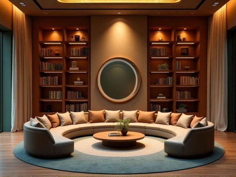 A well-designed living room with furniture arranged in a circular formation, promoting conversation and connection. The room features a comfortable sofa, armchairs, and a coffee table, all positioned to allow easy movement and a sense of openness. The layout embodies the principles of Feng Shui, creating a harmonious and inviting space.