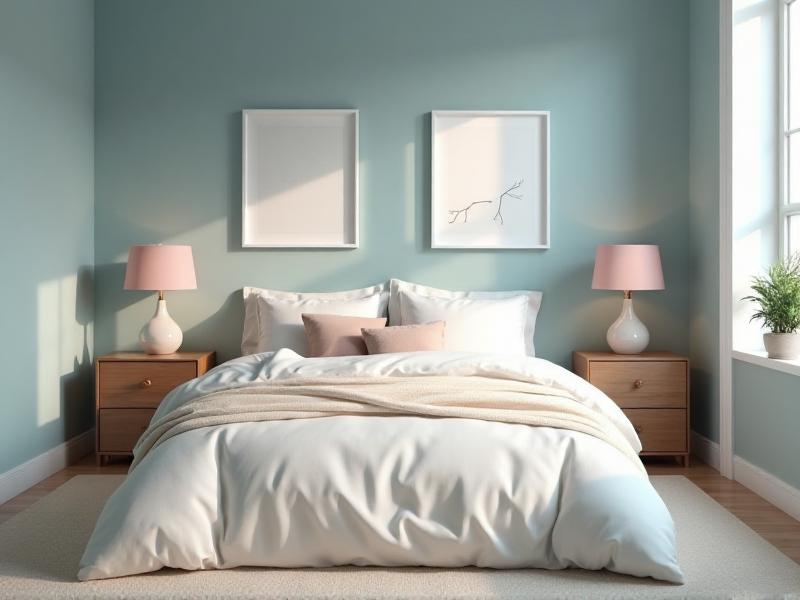 A serene bedroom with a queen-sized bed positioned against a solid wall, flanked by two matching nightstands with soft pink lamps. The walls are painted in a calming pastel blue, and the room is adorned with minimal decor, including a pair of framed artwork and a small potted plant on the windowsill. The space is clutter-free, promoting a sense of peace and harmony.