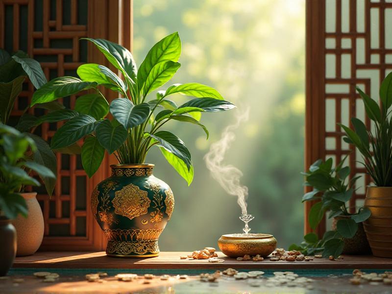 A wealth corner designed with Feng Shui principles, featuring a money plant, a wealth vase, and a small fountain. The area is decorated with gold and green accents, symbolizing prosperity and growth.